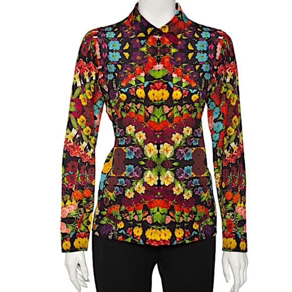 Alice + Olivia Multicolored Silk Kaleidoscopic Floral Print Shir - Picture 6 of 8